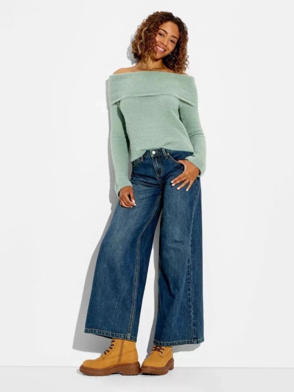 wild fable Light Green Off-Shoulder Sweater with Dark Blue Wide Leg Jeans